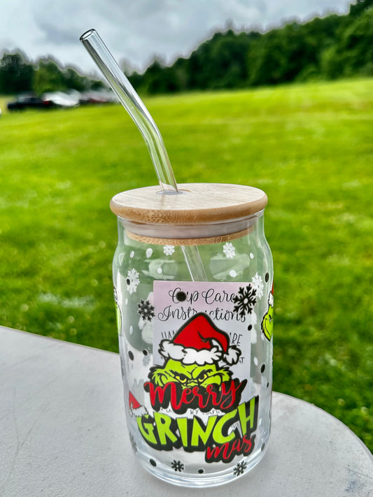 Merry Grinchmas Cup with reusable straw