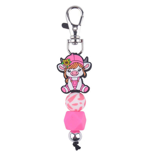 Pink Sunflower hat on cow Beaded Keychain