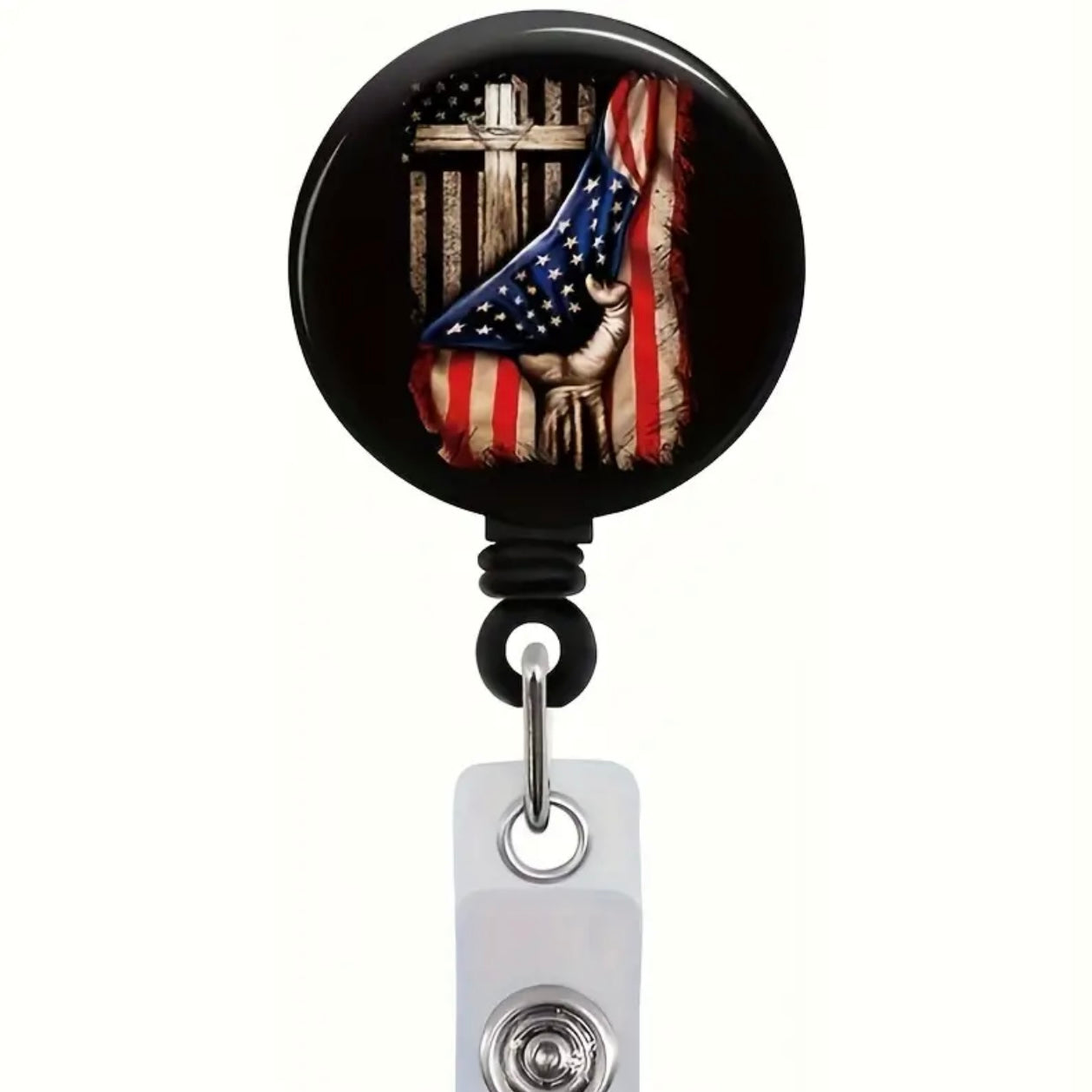 American Flag with Cross, Retractable Badge Reel Holder