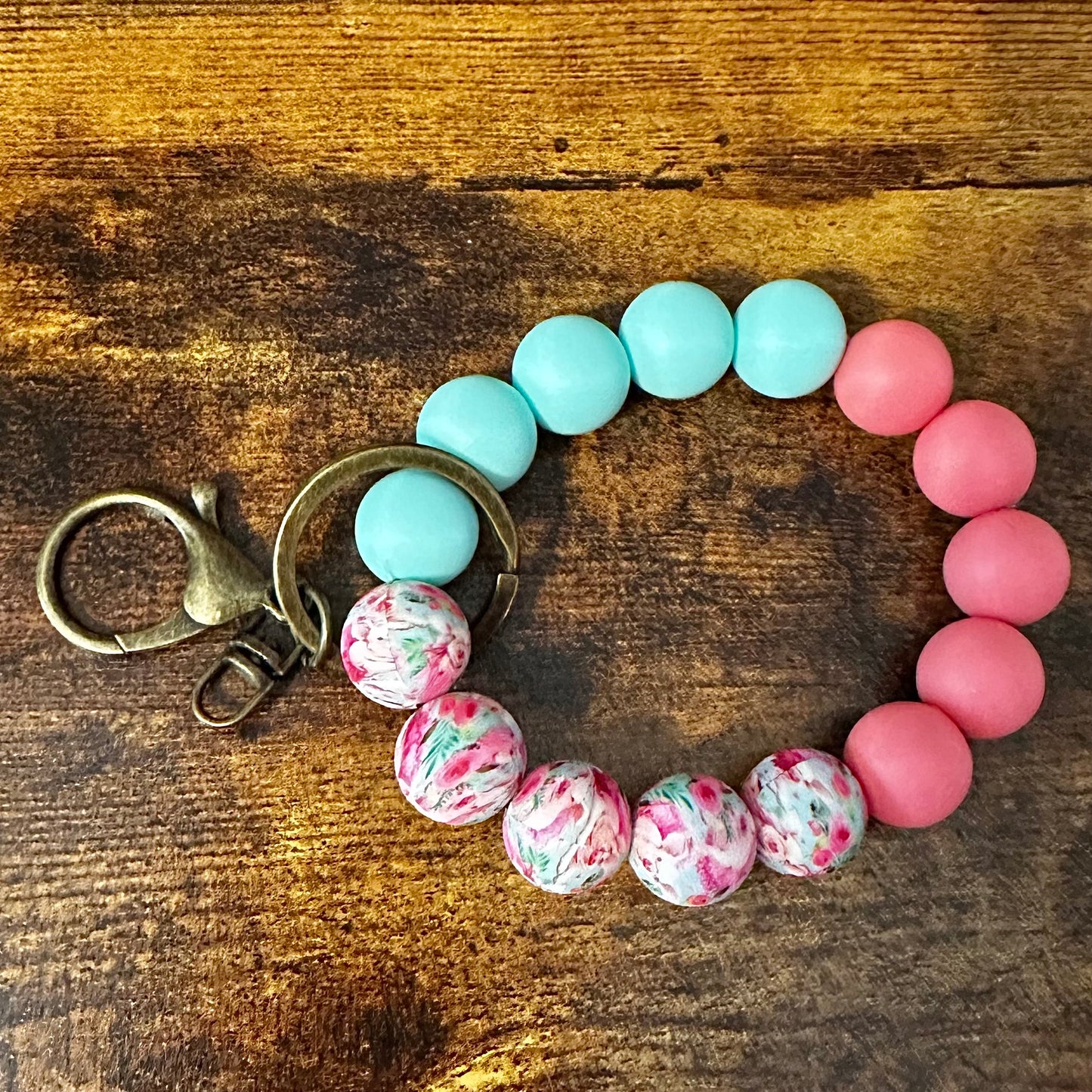 Pink & Teal Floral Wristlet Keychain