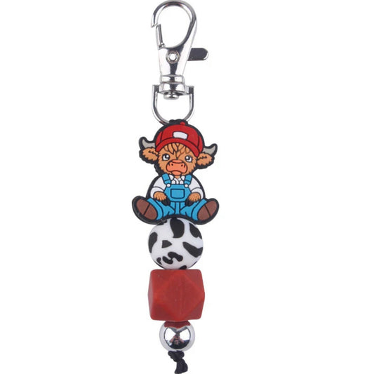 Red Hat cow with overalls Beaded Keychain