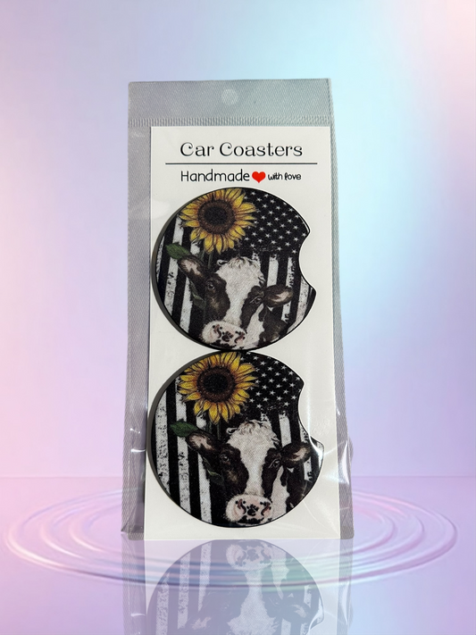 Cow, American Flag & Sunflower Car Coasters set of Two