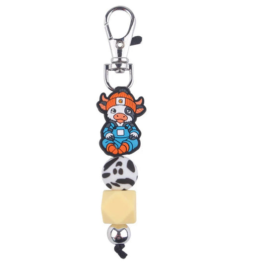 Orange Hat cow with overalls Beaded Keychain