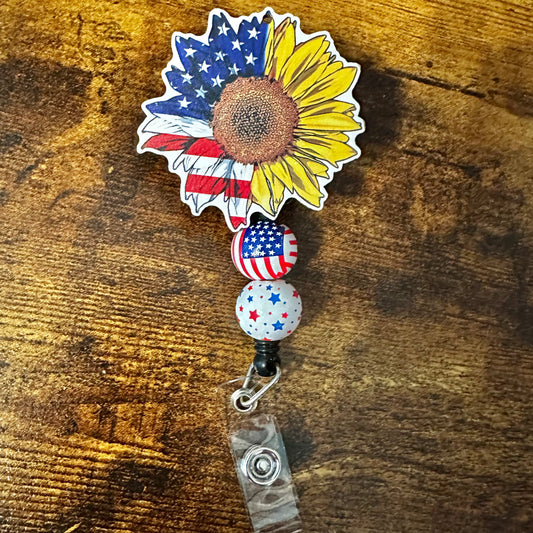 American Flag Sunflower Beaded Badge Reel