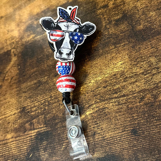 American Flag Cow Beaded Badge Reel